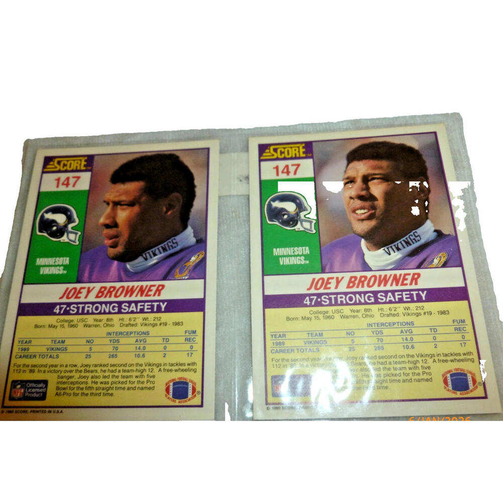 1990 Score JOEY BROWNER "Back Photo" Football Error & Corrected Card #147